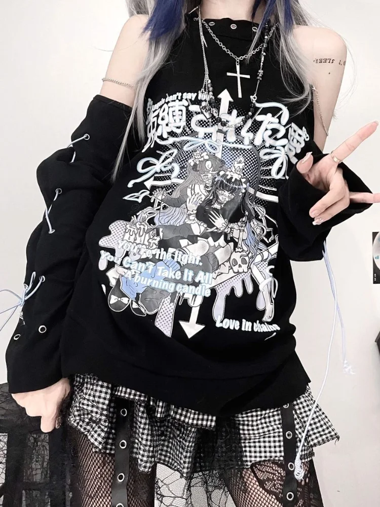 Top Trends: QWEEK Y2k Gothic Harajuku Anime T-shirts Women Goth Punk Bandage Off Shoulder Tees Black Long Sleeve Tops 2023 Fashion Kpop Shoppable Styles