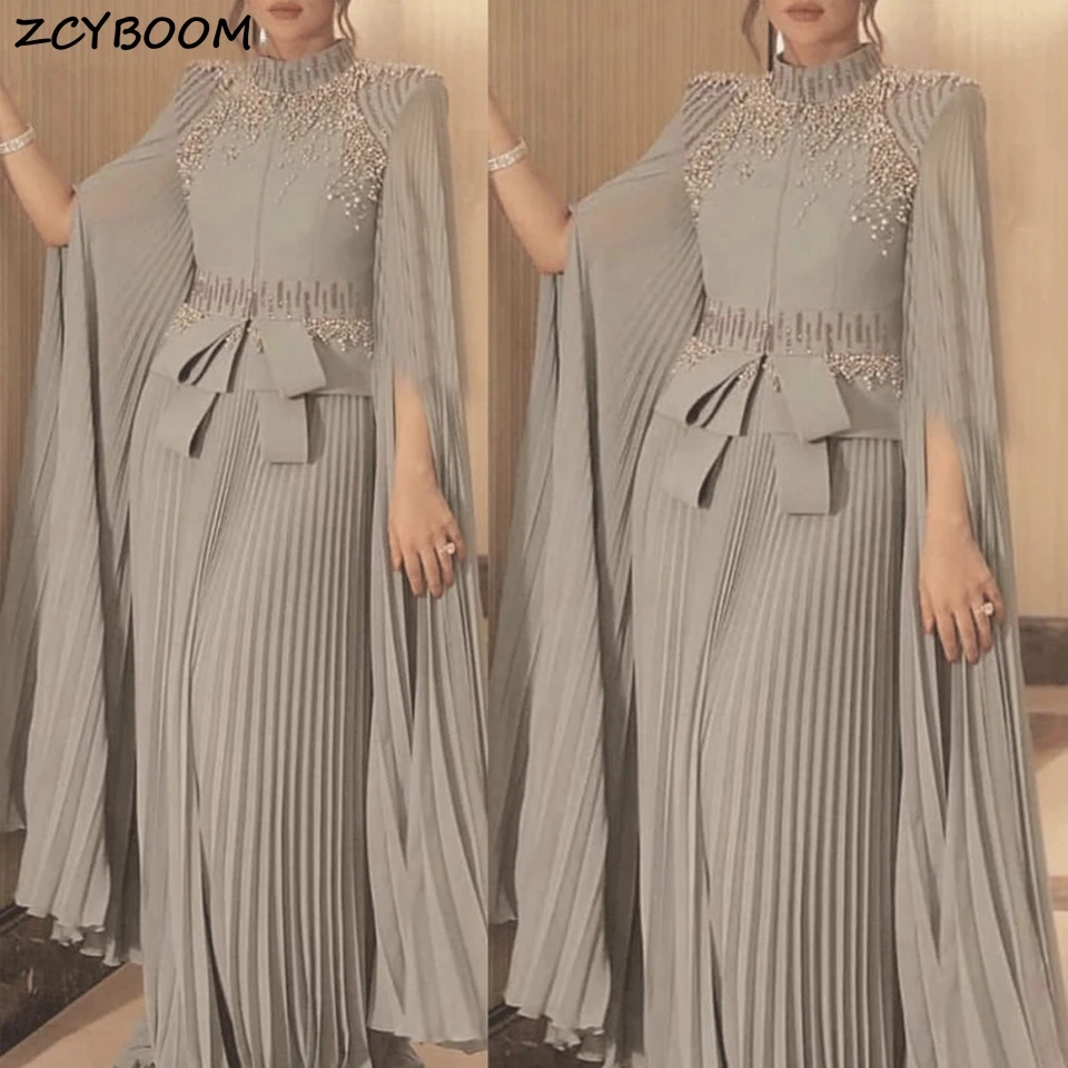 Top Trends: Gray Mother Of The Bride Dresses 2023 Wedding Party Long Sleeves Chiffon Pleated Beading Formal Party Night Vestido De Festa Shoppable Styles