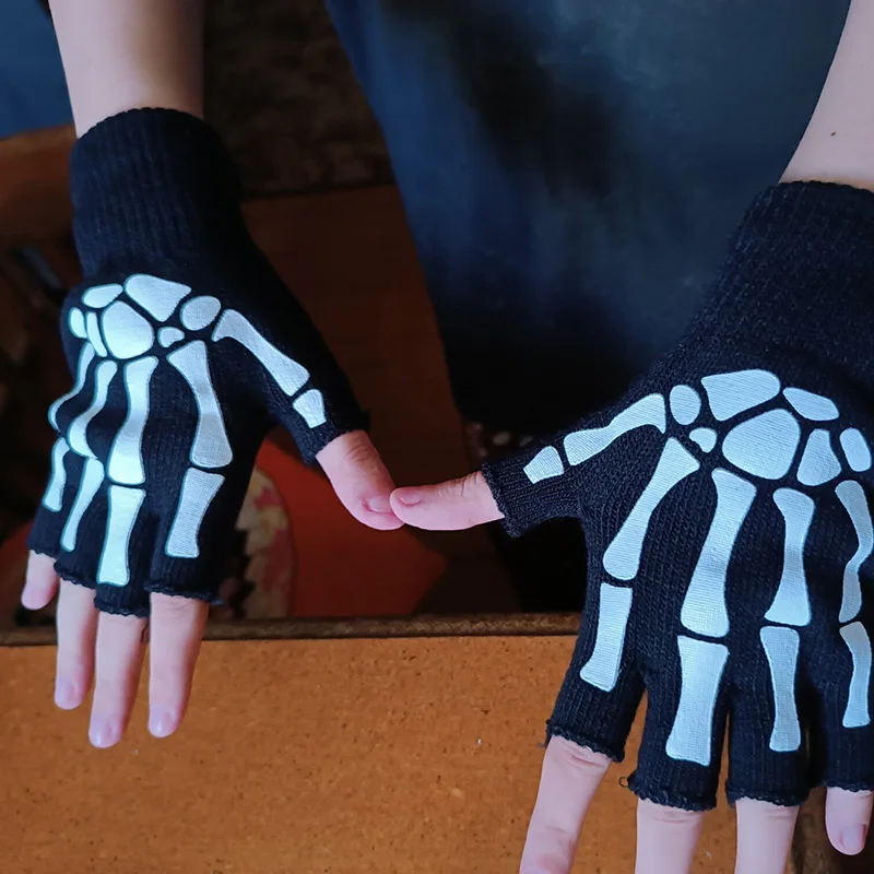 Top Trends: Punk Gloves Unisex Halloween Skeleton Skull Half Finger Gloves Glow In The Dark Fingerless Stretch Knitted Winter Goth Mittens Shoppable Styles