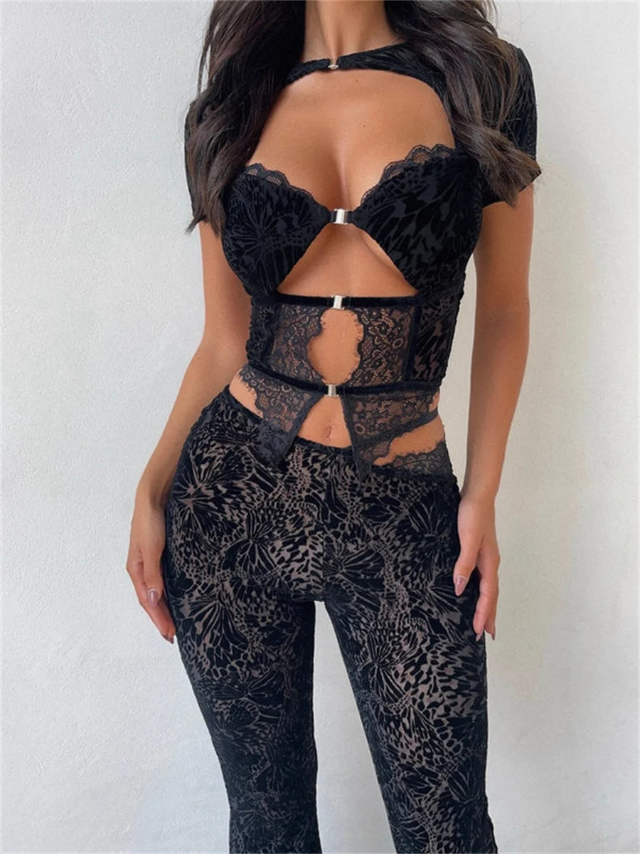 Top Trends: 2 Piece Pant Sets Lace Hollow See Through Sheer Mesh Black Sexy Club Outfits For Women Skinny Sexy Club Dress Shoppable Styles