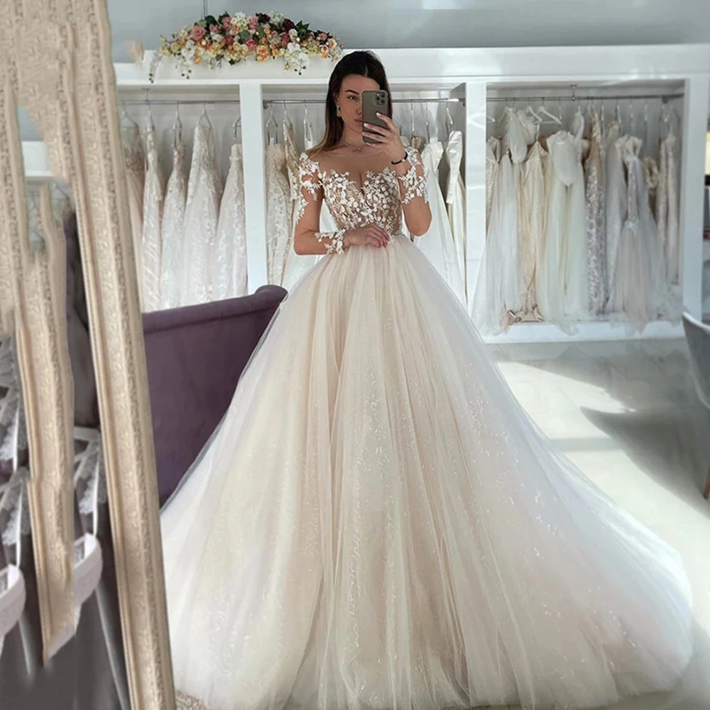 Top Trends: Light Champagne Lace Luxuriant Wedding Dresses Long Sleeve Shiny Glitter Bride Deep V-Neck Gowns 2023 Vestido De Noiva Robe плат Shoppable Styles