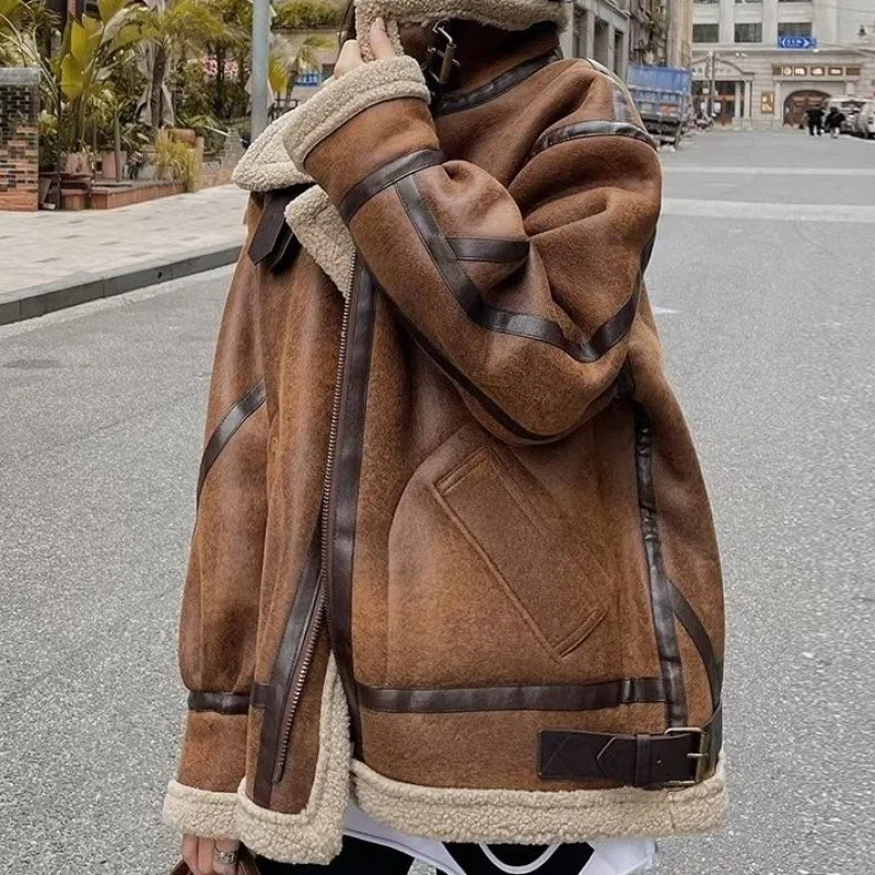 Top Trends: Winter Sheepskin Coat Faux Fur Suede Leather Women Warm Lamb Shearling Jacket Zipper Moto Biker Long Sleeve Short Casual Outwear Shoppable Styles