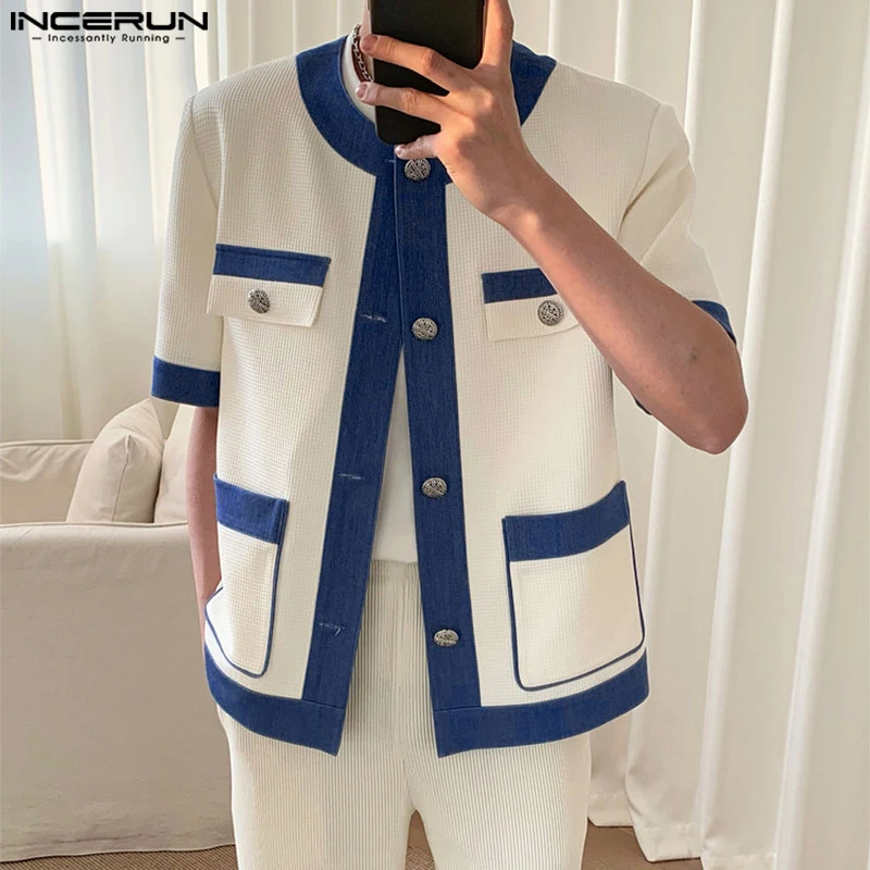 Top Trends: INCERUN Tops 2023 Korean Style Men's Contrasting Color Patchwork Pocket Shirts Casual O-neck Palace Short Sleeved Button Blouse Shoppable Styles