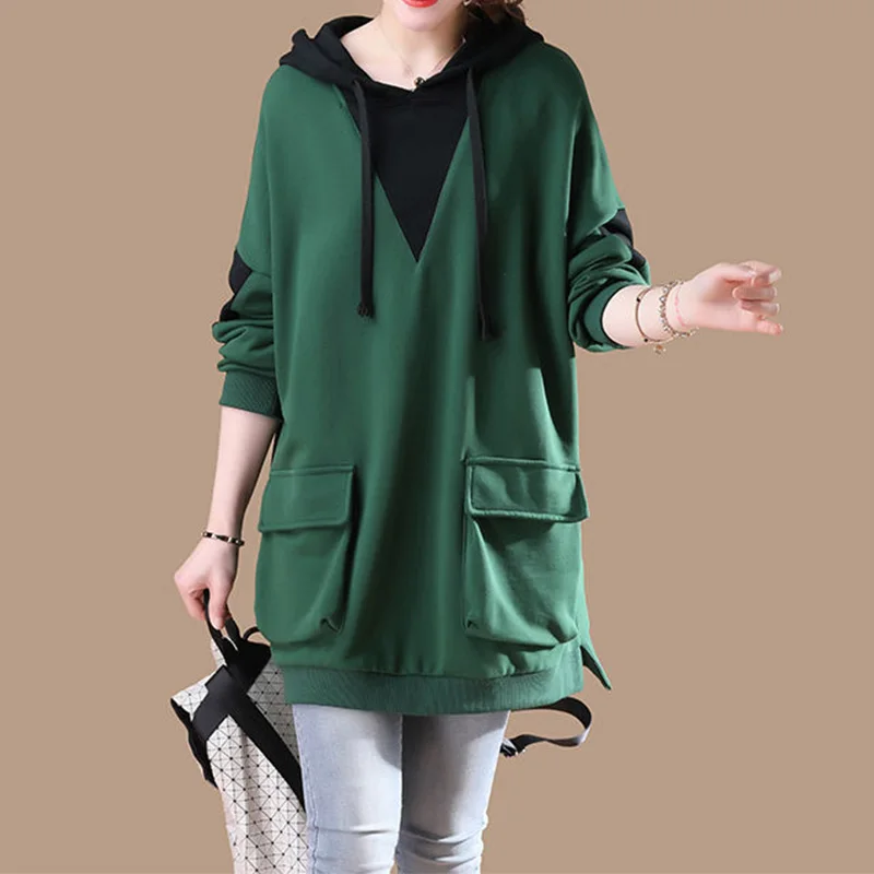 Top Trends: Korean Trend Hooded Collar Patchwork Double Pockets Spring Autumn Womens Contrasting Colors Bandage Mid Length Sweatshirts Shoppable Styles