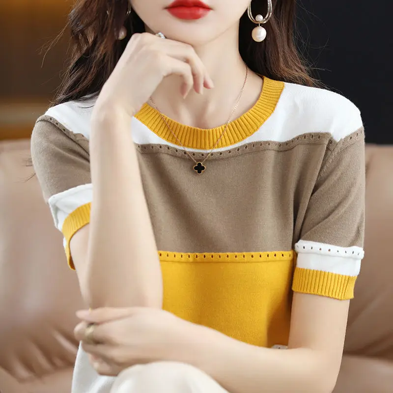 Top Trends: Korean Fashion Hollow Out Patchwork Knitted Blouse Women&#039;s Clothing 2023 Summer New O-Neck Short Sleeve Casual Pullovers Shirt Shoppable Styles