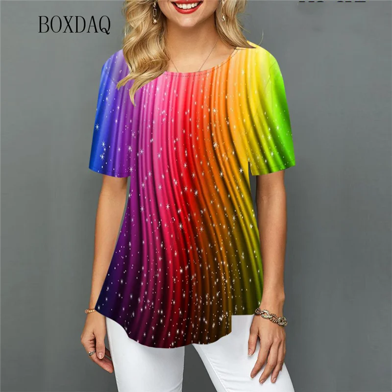 Top Trends: Rainbow Striped Women Fashion Streetwear T-shirts Short Sleeve Round-Neck Loose Casual Oversized Tops Summer 3D Print Female Tee Shoppable Styles