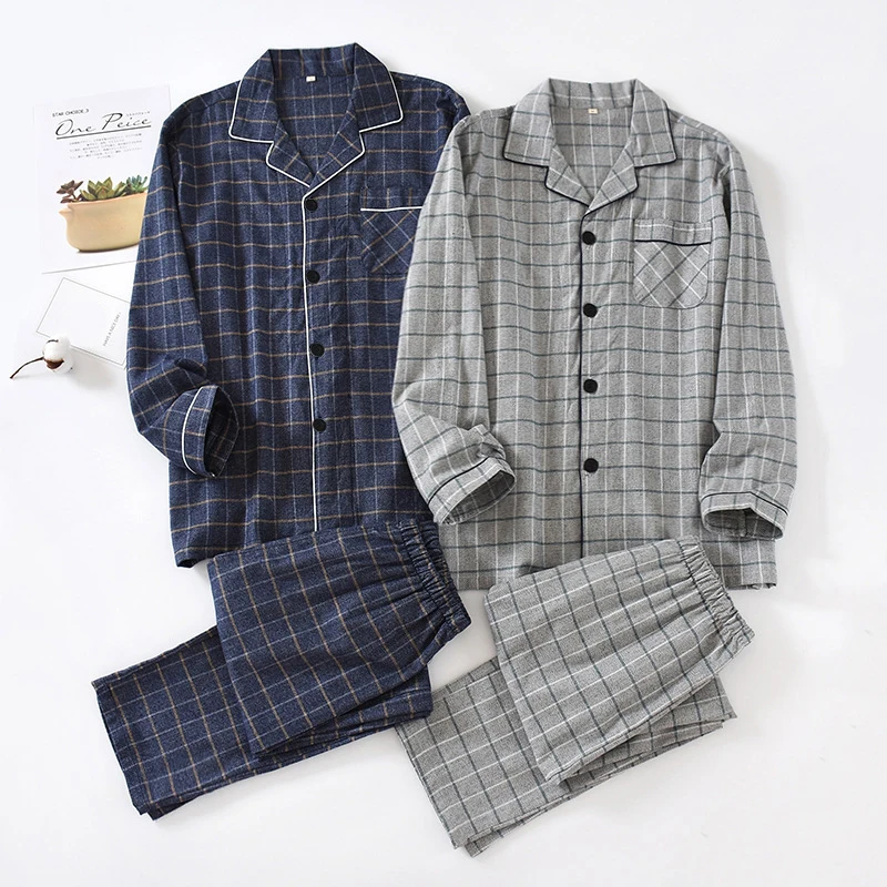 Top Trends: New Spring And Autumn Men's Plaid Pajamas, Cotton Flannel Home Service Large Size Long-sleeved Trousers Soft Suit Sleep Wear Men Shoppable Styles