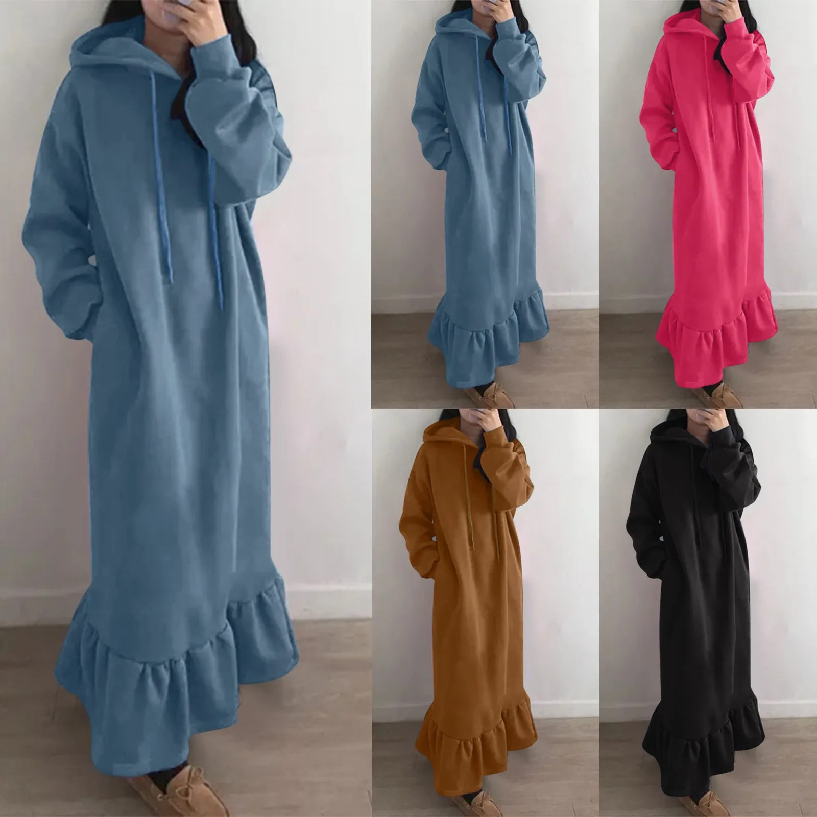 Top Trends: 2023 New Fashion Hooded Sweatshirts Dress Women Casual Solid Long Sleeve Maxi Dresses Winter Clothes Vestidos Warm Robe Femme Shoppable Styles