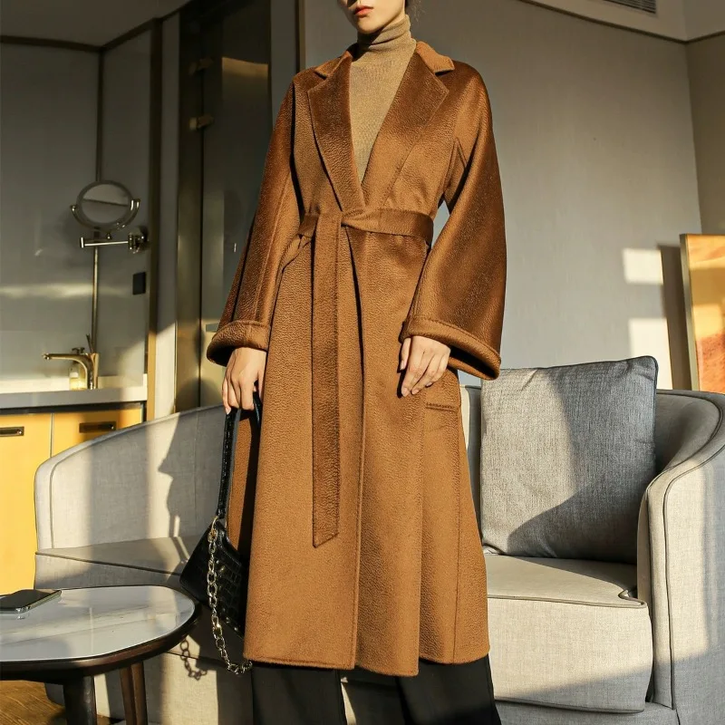 Top Trends: 2023 New Reversible Cashmere Coat Women Long Below The Knee High-End Water Ripple Wool Coat Autumn Winter Loose Lace-up Outwear Shoppable Styles