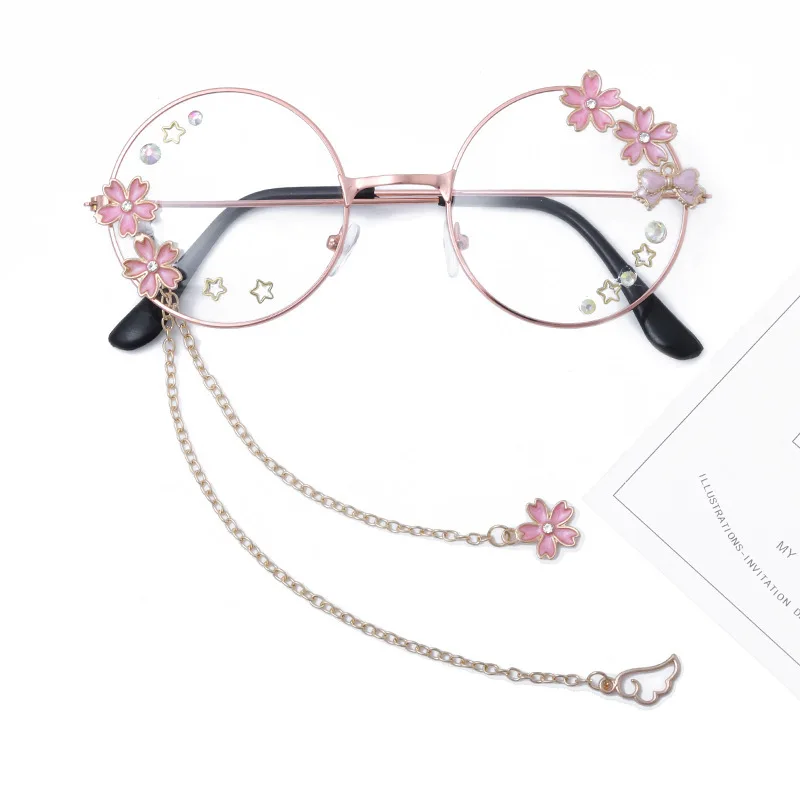 Top Trends: Kawaii Glasses With Chain Cosplay Decor Cute Sakura Pendant Eyeglasses Retro Round Glasses Clear Lens For Men Women Metal Frame Shoppable Styles