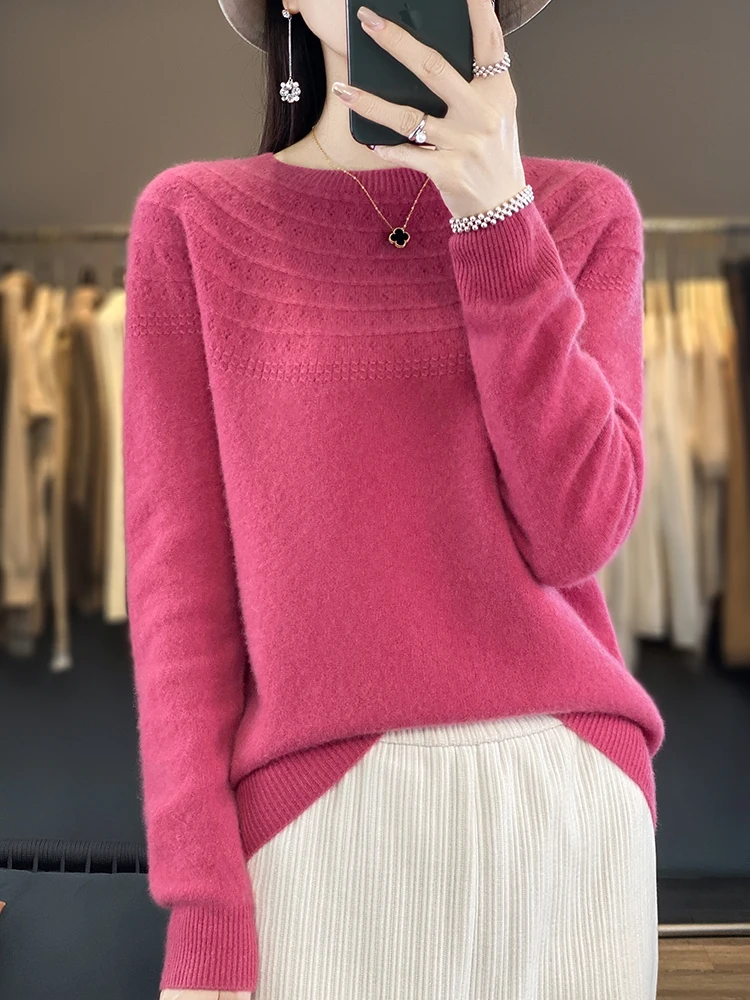 Top Trends: Women's Autumn Clothing O-Neck Hollow Out Pullover Sweater 100% Merino Wool Basic Casual Long Sleeve Cashmere Knitwear 2023 New Shoppable Styles