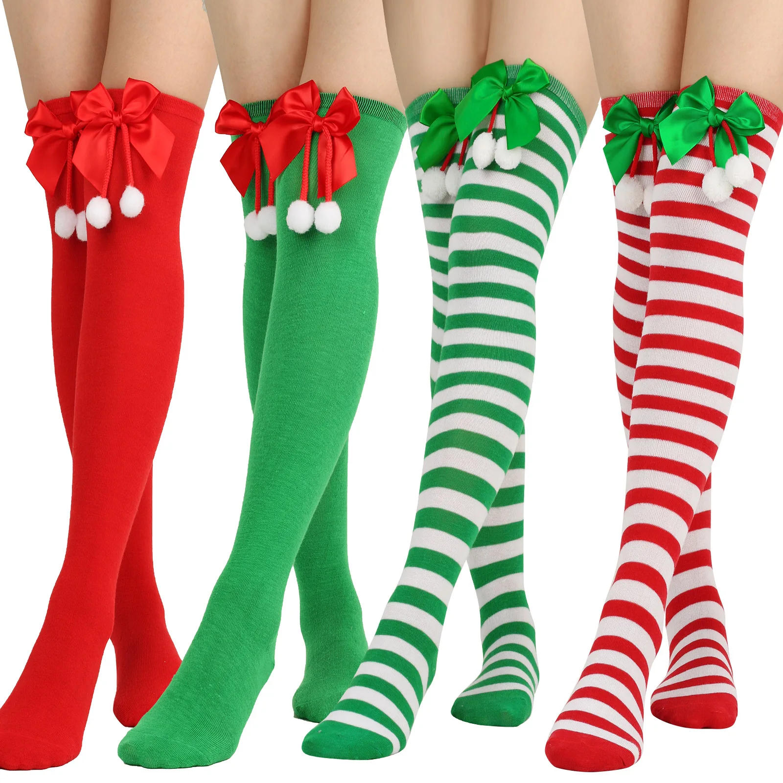 Top Trends: Bow Tied Christmas Socks Ball Socks Over The Knee Women Festive Christmas Striped Stockings Shoppable Styles