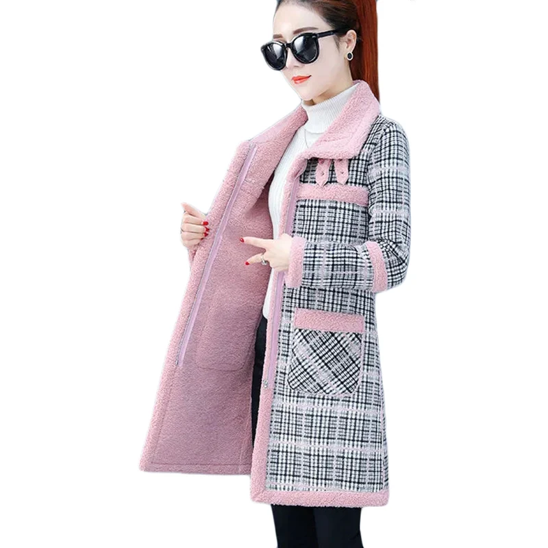 Top Trends: New Winter Lamb Wool Woolen Coat Thick Plus Velvet Warm Cotton Coat Women Long Grid Parker Overcoat Plus Size Cold Trench Coats Shoppable Styles