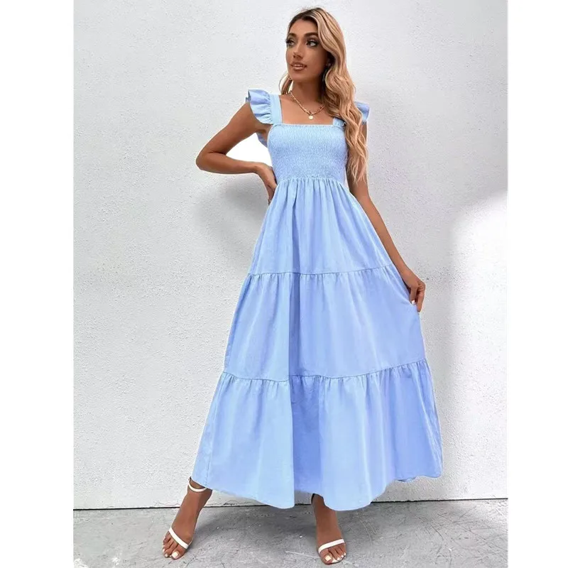 Top Trends: Bikoles 2023 Summer Square Collar Ruffles Sleeve Women&#039;s Casual Elegant Solid Patchwork Pleated Empire Lady Party Dress Vestidos Shoppable Styles