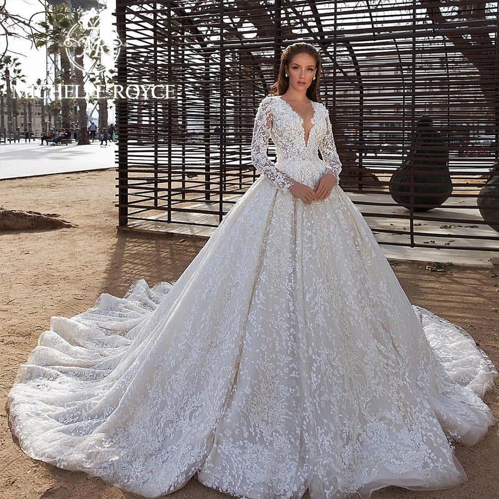 Top Trends: Michelle Royce Luxury Wedding Dresses For Women 2024 V-Neck Long Sleeve Appliques Romantic Wedding Gown Vestidos De Novia Shoppable Styles