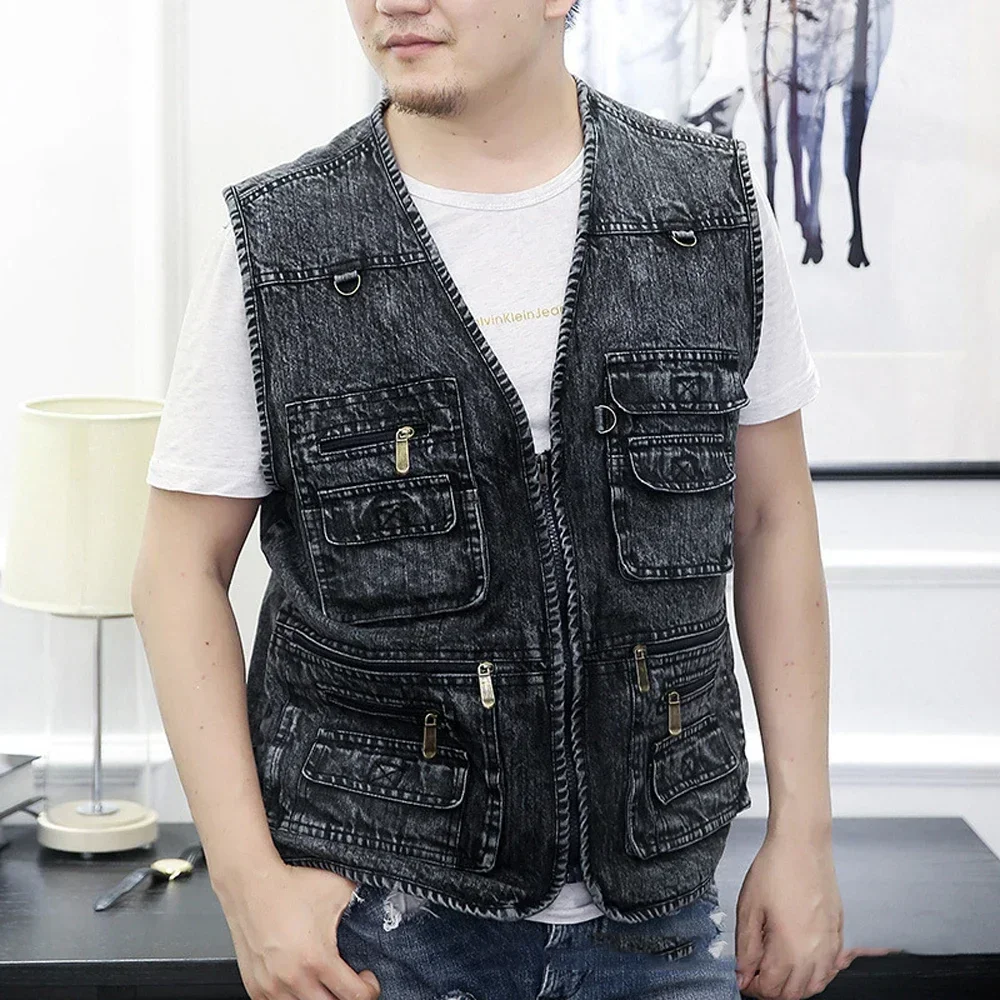 Top Trends: Men's Denim Vest Jacket Dark Blue Black Sleeveless Truck Driver Cyclist Denim Jacket Multi-pocket Zipper Sleeveless Vest Shoppable Styles