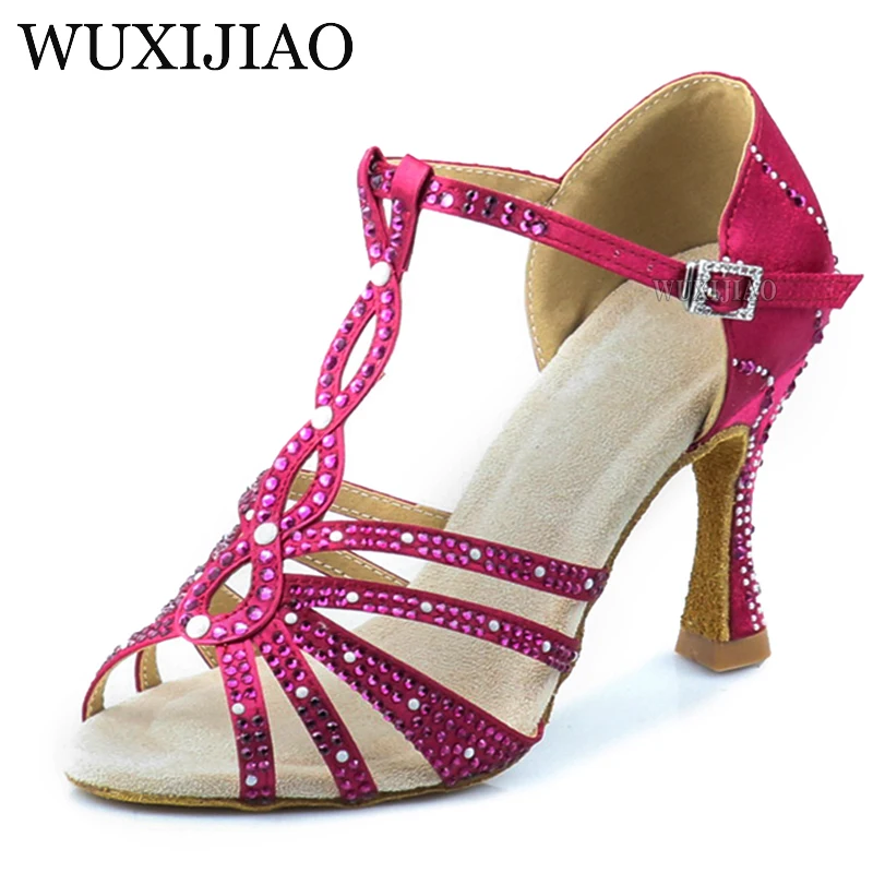 Top Trends: WUXIJIAO Latin Dance Shoes Women's New Fuchsia Satin Shiny Rhinestone Cuban High Heels 9cm Salsa Dance Shoes Shoppable Styles