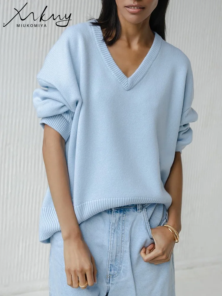 Top Trends: MiuKoMiYa Light Blue V Neck Women's Sweater For Winter 2023 Knit Pullover Loose Tops Women Oversize Sweaters For Women Pullovers Shoppable Styles