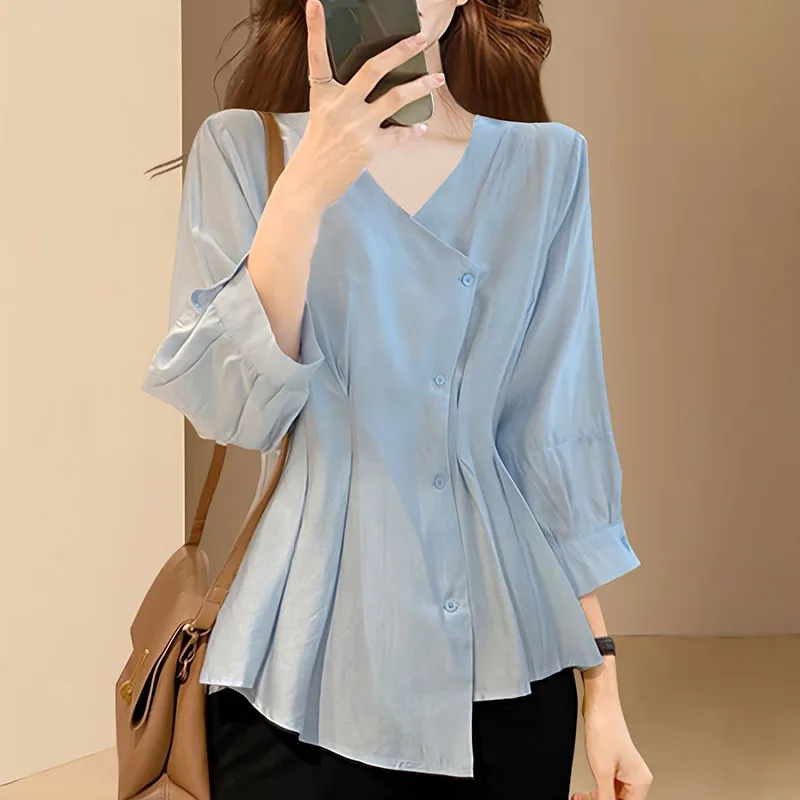 Top Trends: Fashion V-Neck Spliced Loose Folds Irregular Shirt Female Clothing 2023 Spring Autumn New Casual Tops Asymmetrical Blouse Shoppable Styles