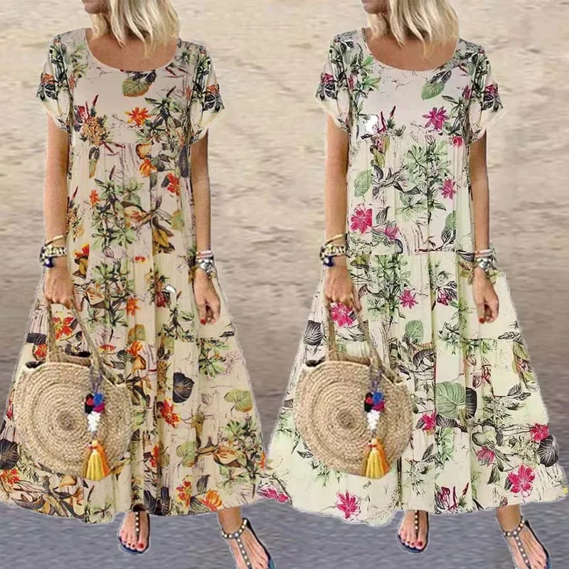 Top Trends: Women Vintage Floral Long Dress Summer Boho Casual Loose Short Sleeve Dresses Female Beach Holiday Party Maxi Dresses Vestidos Shoppable Styles