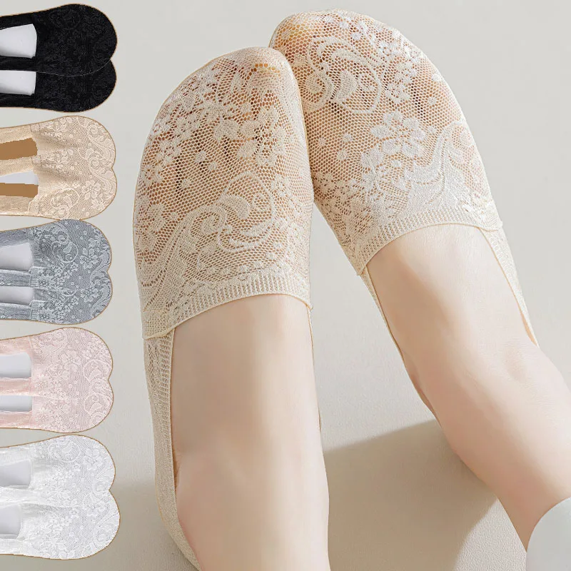 Top Trends: 5Pair Women Socks Summer Thin Breathable Silicone Non-slip Ladies Invisible Lace Boat Sock Transparent Fashion Calcetines Mujer Shoppable Styles