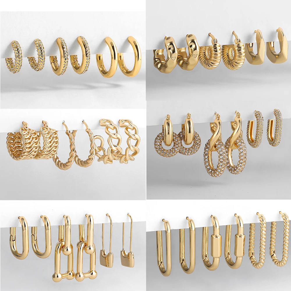 Top Trends: 3 Pairs / set Punk Geometric Big Small Hoop Earrings For Women Men Gold Color Metal Chain Circle Huggie Earrings Korean Jewelry Shoppable Styles