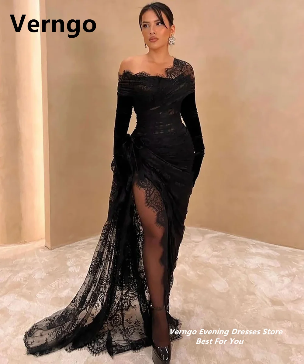 Top Trends: Verngo Black Lace Party Dresses Off The Shoulder Long Prom Dresses For Women Mermaid Side Slit Formal Dress فساتين عيد نسائيه Shoppable Styles