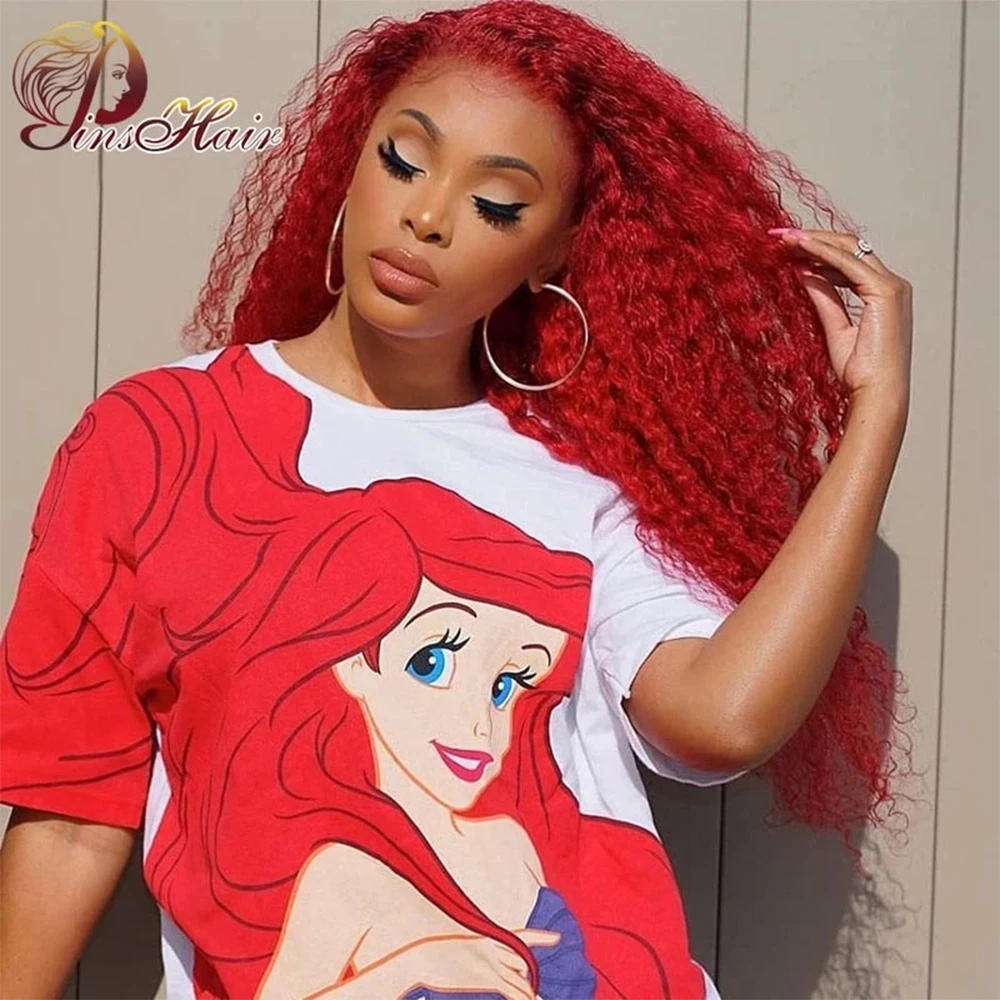 Top Trends: Hot Red Kinky Straight 13x4 Lace Frontal Wigs Human Hair Wig Pre Plucked Brazilian Deep Curly Wave Lace Front Wig With Baby Hair Shoppable Styles