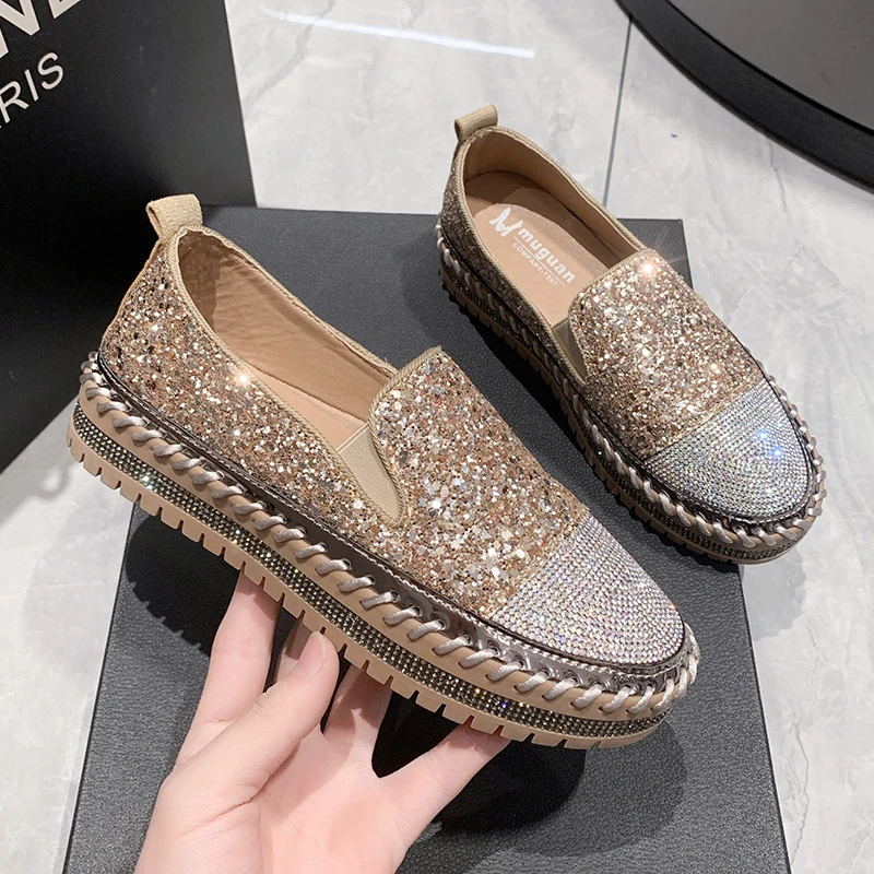 Top Trends: Women Shining Rhinestone Flats Loafers Slip-on Thick Botton Casual Woman Crystal Shoes Female Fashion Sneakers Sports Running Shoppable Styles