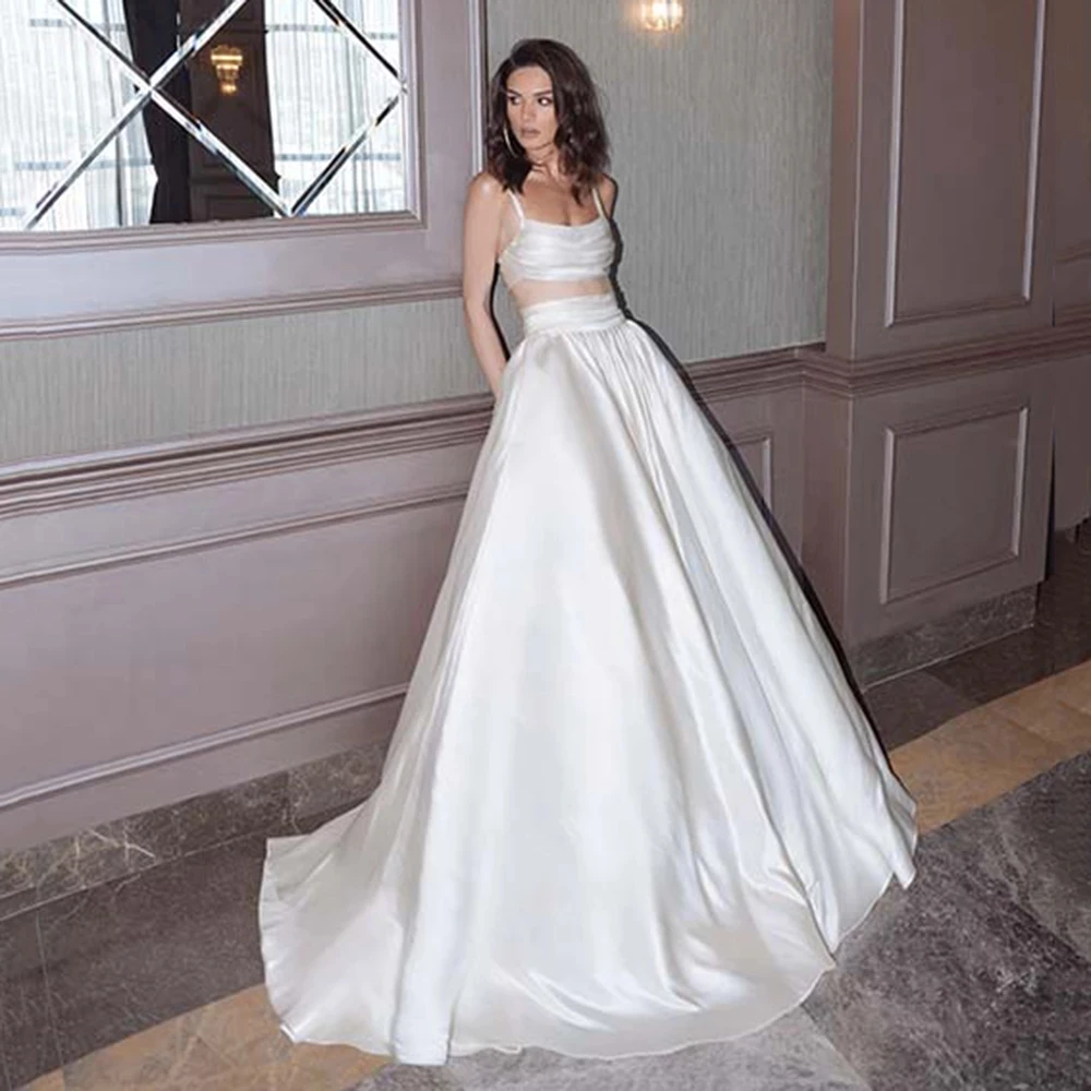 Top Trends: Fivsole Two-Piece Beach Satin Train Wedding Dresses 2022 Spaghetti Straps Bride Dress With Pockets Vestidos Elegantes Para Mujer Shoppable Styles