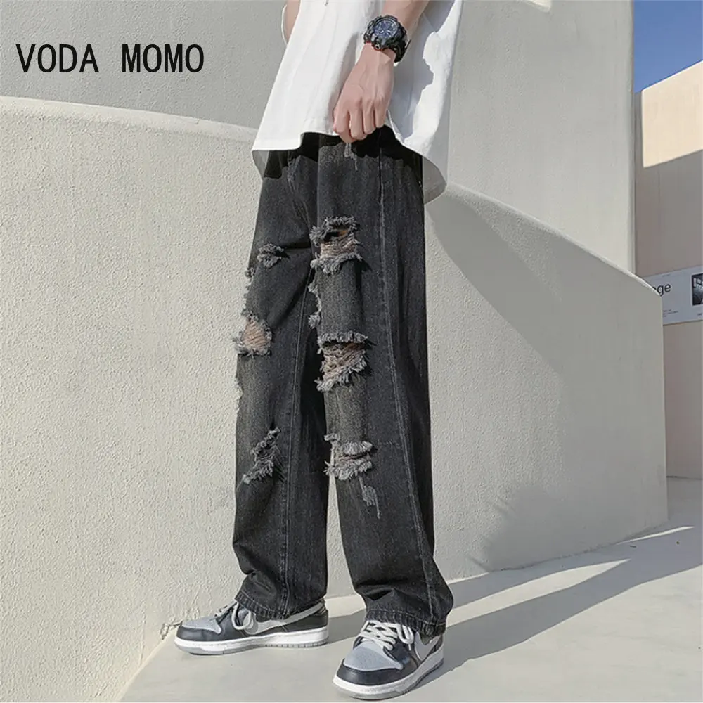 Top Trends: Summer Blue Black Ripped Jeans Men Fashion Casual Wide Leg Jeans Mens Streetwear Loose Hip Hop Straight Hole Denim Pants Men Shoppable Styles