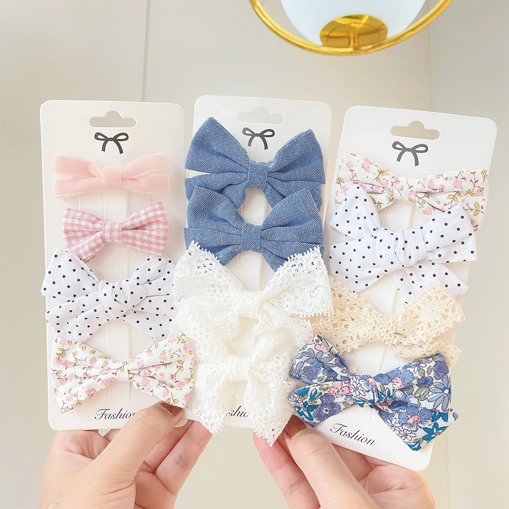 Top Trends: 4Pcs / Set Floral Hair Clip Set Girl Cute Bow Flower Lace Trimming Headwear Cartoon Hair Clips Hairpin Headdress Hair Accessories Shoppable Styles