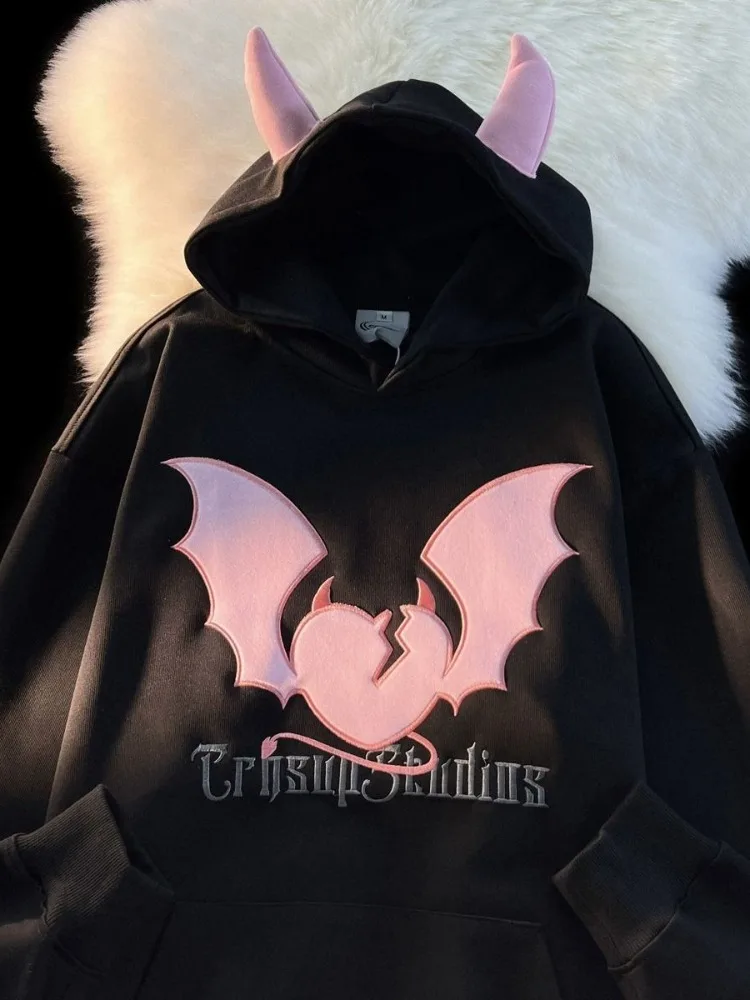 Top Trends: Deeptown Gothic Goth Harajuku Oversized Kawaii Hoodies Women American Retro Devil Demon Black Hooded Sweatshirt 2023 Autumn Shoppable Styles