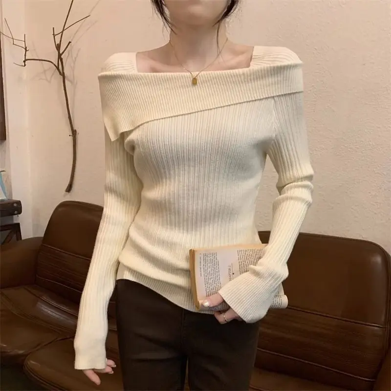 Top Trends: 2023 New Autumn Fashion Solid Color Off Shoulder Splice Knitted Long Sleeve Temperament Commuting Underwear Women&#039;s Sweater Shoppable Styles