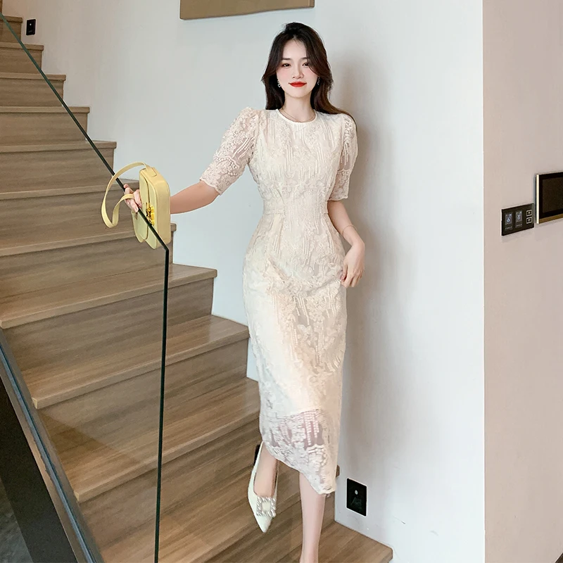 Top Trends: French Lace Midi Dresses For Women 2023 Summer New Elegant Party Female Clothes Sweet Vintage Short Sleeves Korean Evening Dress Shoppable Styles