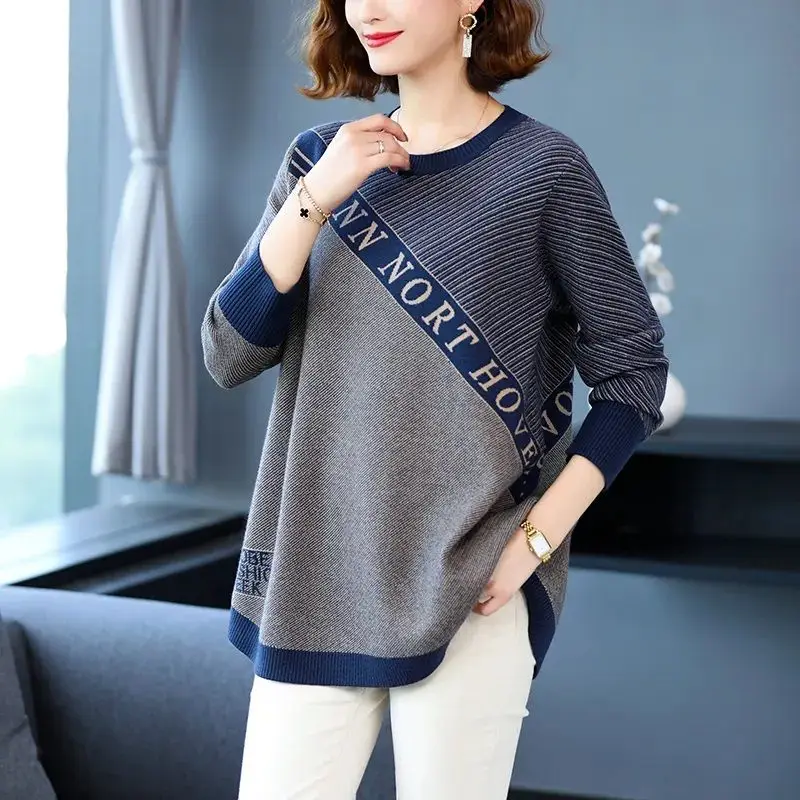 Top Trends: Fashion Striped Patchwork Letter Sweaters Autumn Winter Casual Loose Women&#039;s Clothing O-Neck Korean Long Sleeve Knitted Jumpers Shoppable Styles