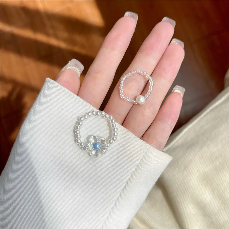 Top Trends: 2Pcs / set Korean Fashion Sparkling Ring Imitation Pearls Beaded Rings For Women Girls Knuckle Finger Ring Aesthetic Jewelry Shoppable Styles - Image 3