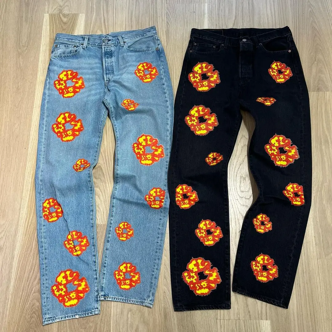 Top Trends: 2024 New Harajuku Flame Kapok Print Jeans American Men's And Women's High Street Loose Straight Trousers Y2k Men’s Jeans Shoppable Styles