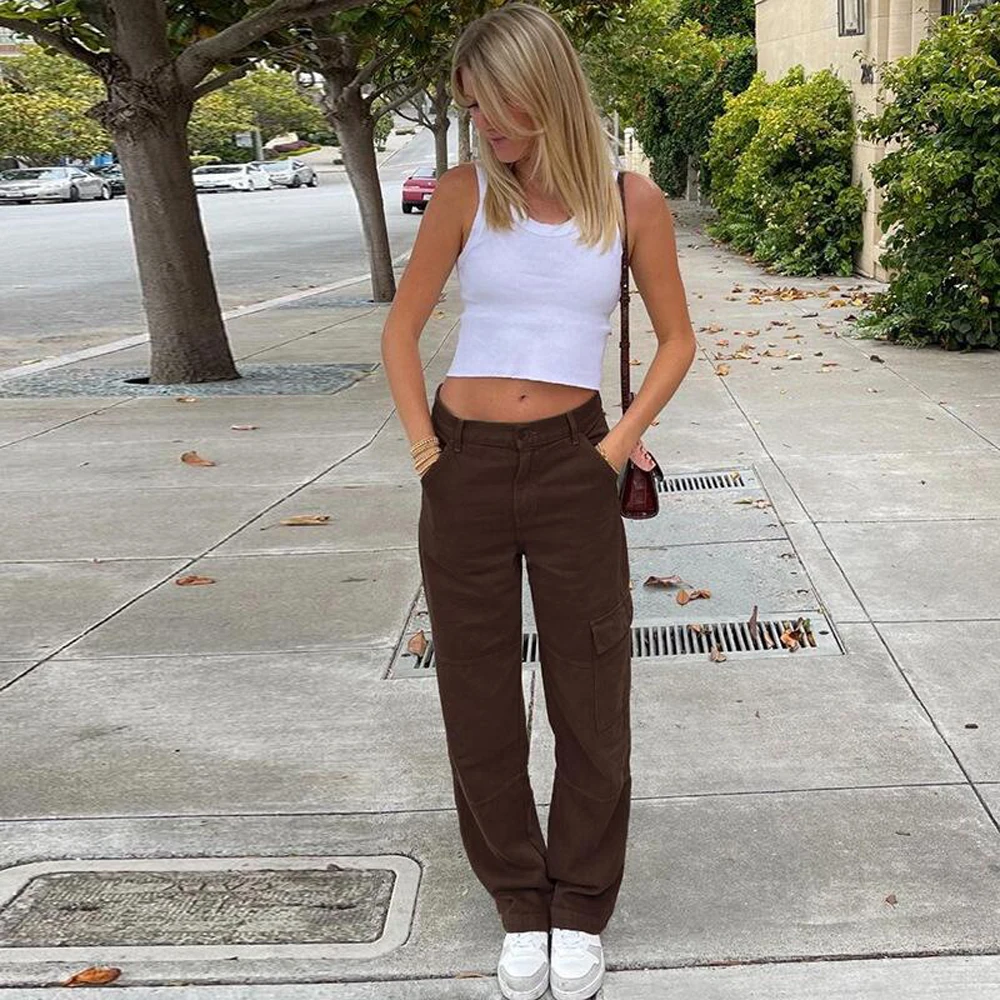 Top Trends: Autumn Harajuku Vintage Low Waisted Cargo Pants Brown Y2K Women's Clothing Street Retro Loose Fitting Jeans For Women Streetwear Shoppable Styles