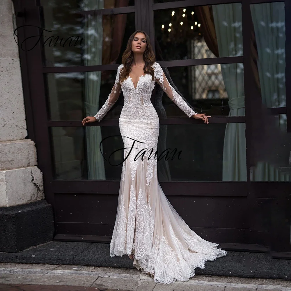 Top Trends: Elegant O-Neck Long Sleeve Mermaid Wedding Dresses Lace Appliques Sweep Train Bridal Gown Свадебное платье Vestido De Noiva Shoppable Styles