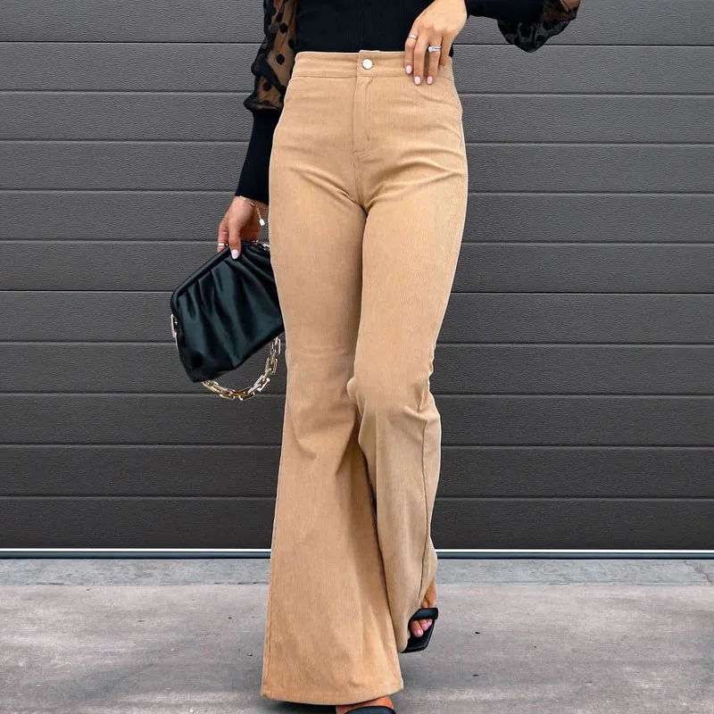 Top Trends: Various Colors Slim Micro Flare Trousers Corduroy Elastic Waist Casual Women Pants Good-looking Screw Thread Button Female Wild Shoppable Styles