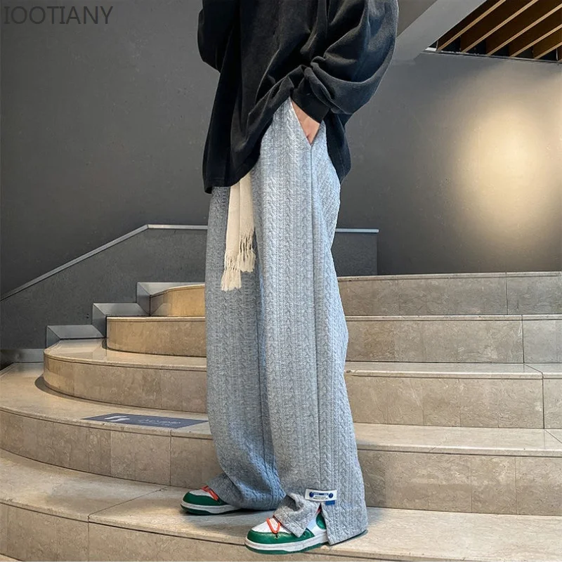 Top Trends: Fashion Loose Casual Side Slit Straight-leg Pants Vintage Blue Jacquard Casual Bottoms Men High Street Sweatpants Male Clothes Shoppable Styles