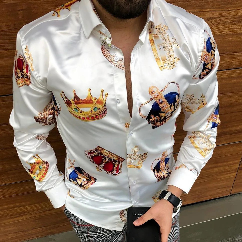 Top Trends: Spring / Autumn 2022 New European And American Men's Long-sleeve Shirt Casual White Crown Printed Top Mens Fashion Clothing Trends Shoppable Styles