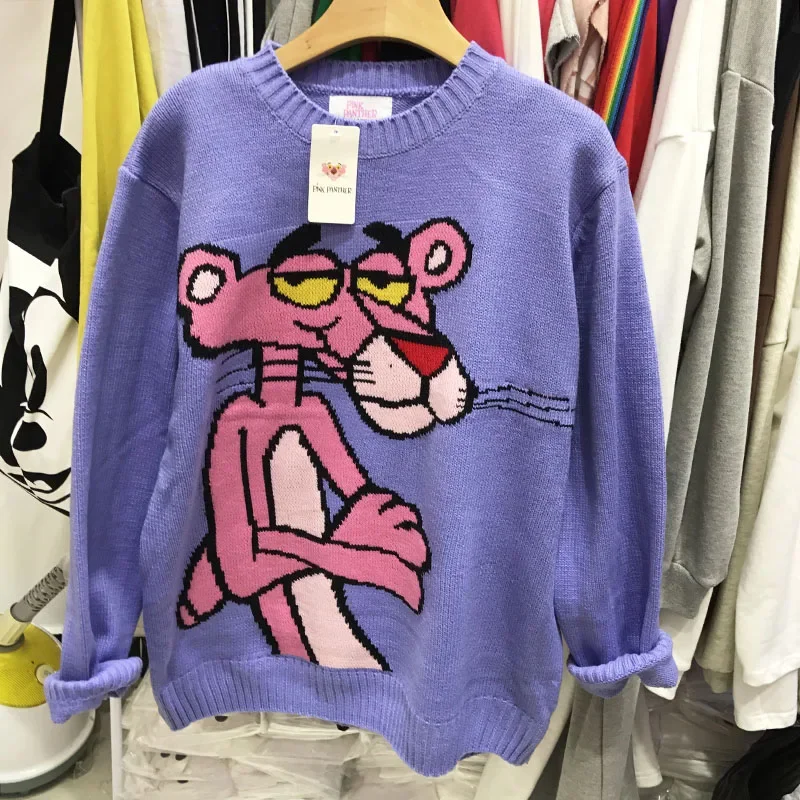 Top Trends: Fall Round Neck Pullover Knitting Women Sweater Loose Casual Cartoon Long Sleeve Sweater Leopard Pink Female Lantern Sleeve Tops Shoppable Styles