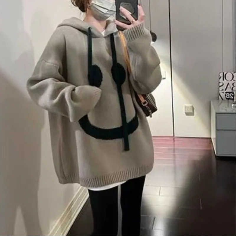 Top Trends: Women's Hooded Drawstring Sweater Autumn Winter Korean Casual Smiling Face Print Long Sleeved Loose Pullover Knitted Bottom Tops Shoppable Styles