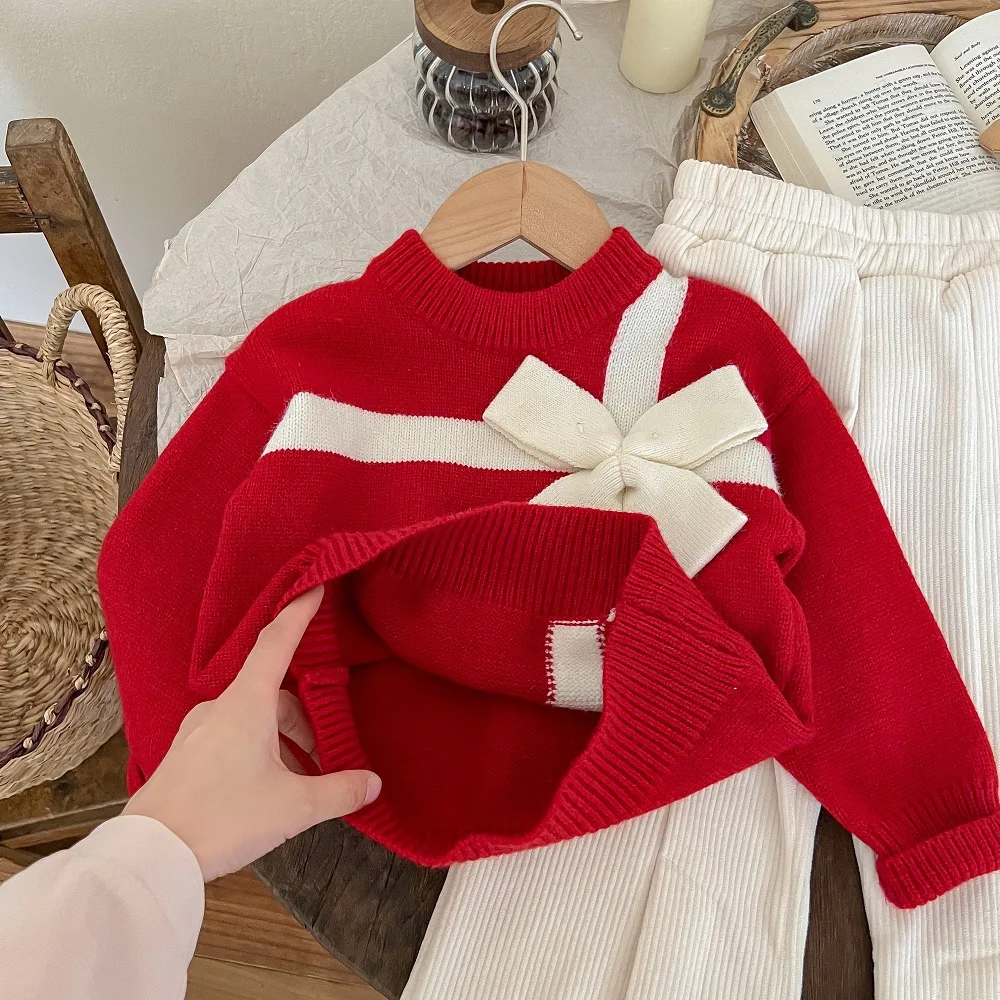 Top Trends: Cute Girls Sweater Sets Red Soft Warm Pullover Bow Gift Knitting Tops+ Elastic Waist Solid Pants 2Pcs Kids Christmas Clothes Suit Shoppable Styles - Image 3