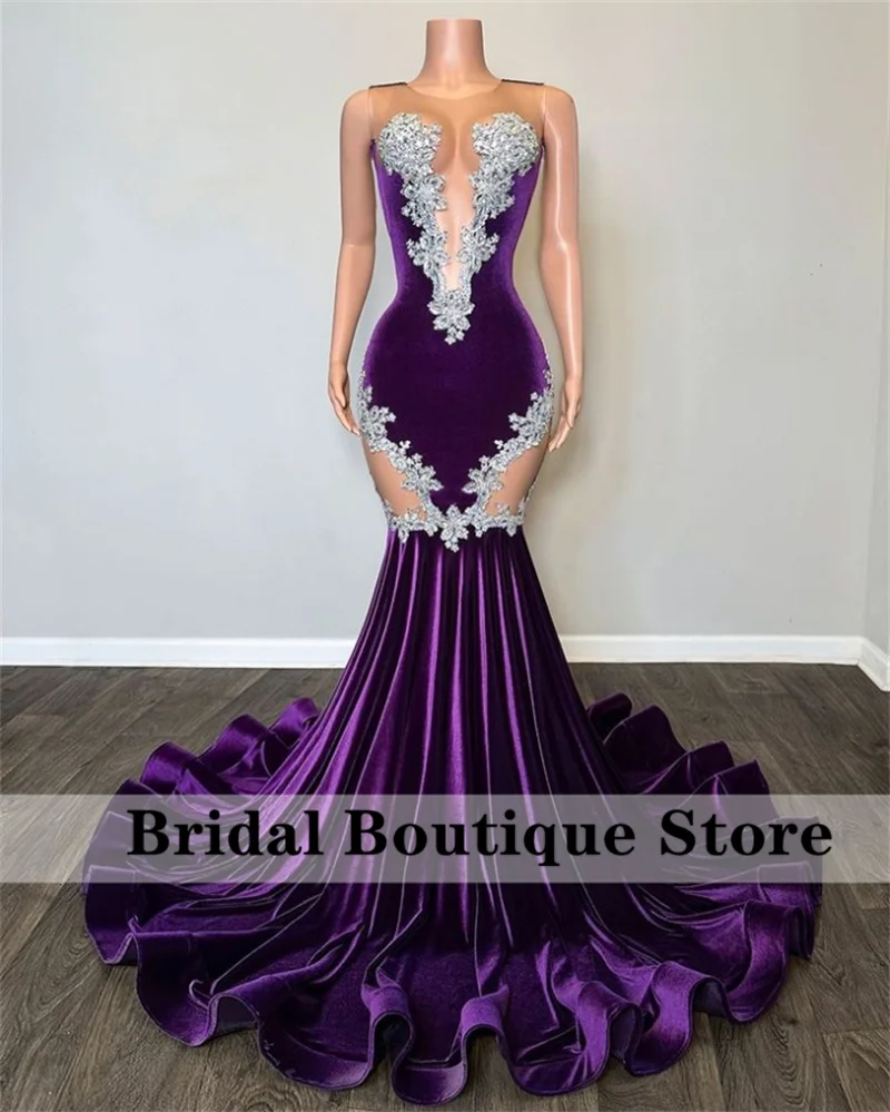 Top Trends: Sexy Lace Appliques Mermaid Black Girl Purple Prom Dress 2023 Velvet Beads Sheer Mesh Graduation Party Gowns Robe De Bal Shoppable Styles