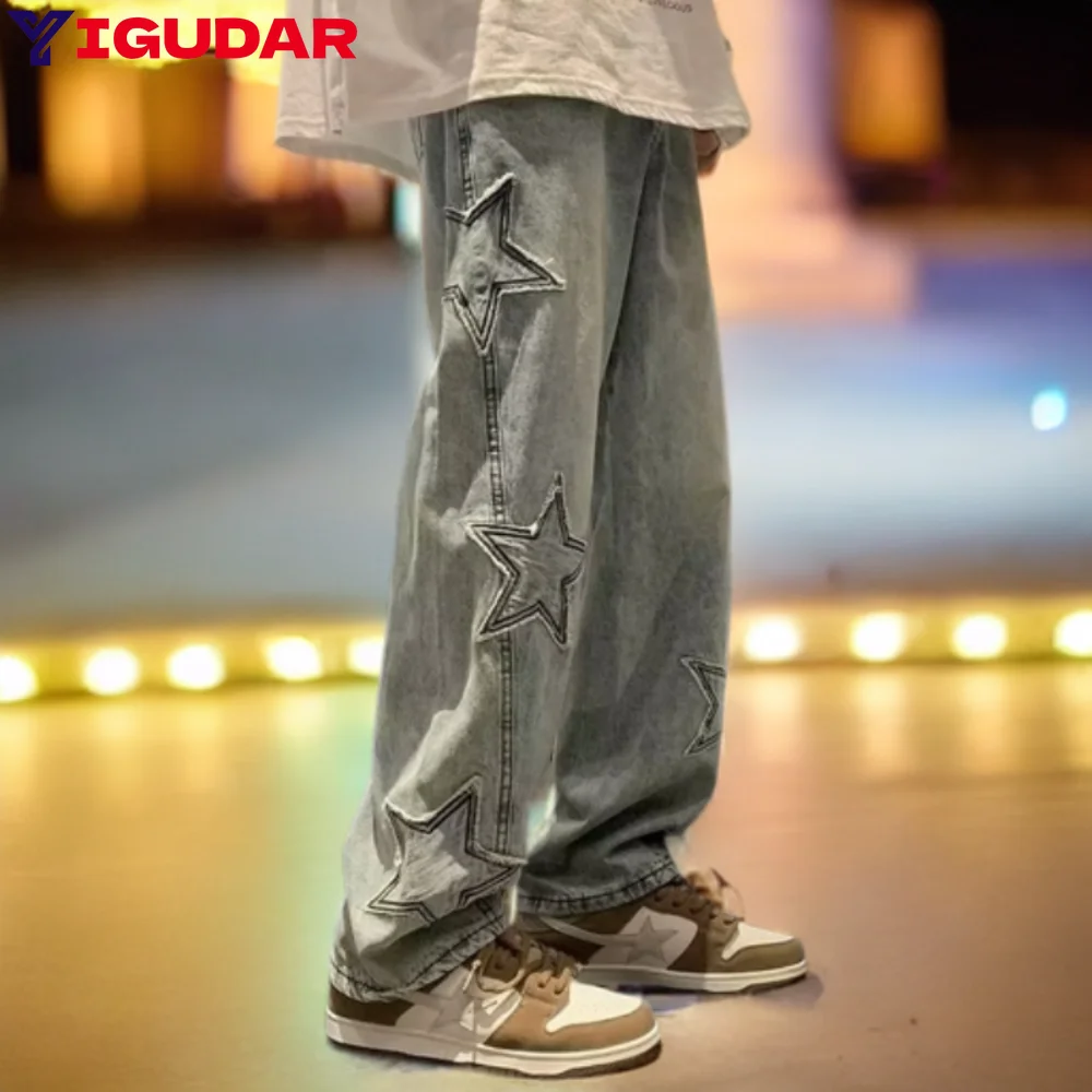 Top Trends: Star Embroidery Straight Casual Men Jeans Gothic Neutral New Wide Leg Loose Hip-hop Fashion Youth Streetwear Denim Trousers Y2K Shoppable Styles