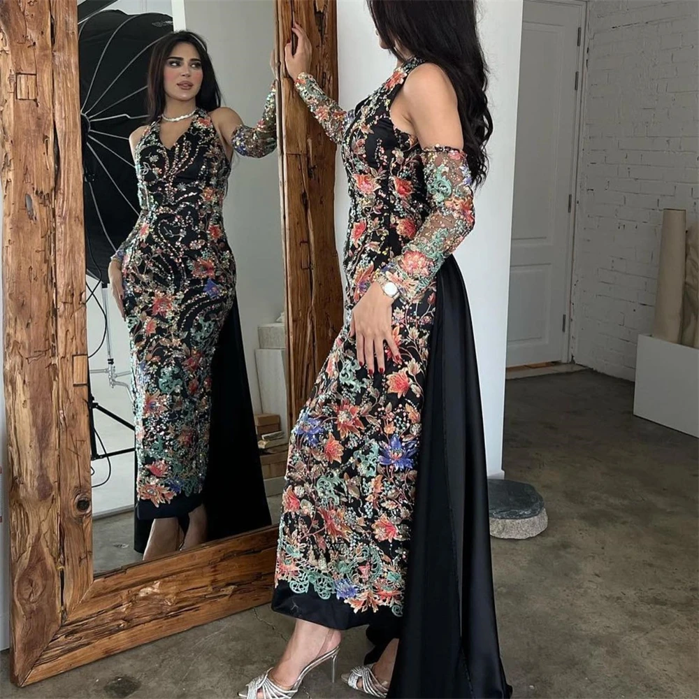 Top Trends: Halter Neck Sheath 2023 Women Muslim فستان سهرة فساتين سهره Beads 3D Flowers Tulle Formal Occasion Evening Gown Shoppable Styles