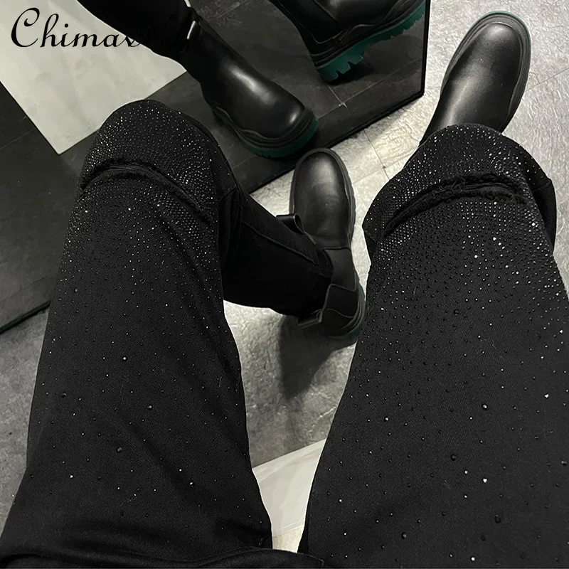 Top Trends: Black Rhinestone Jeans Men's Fall Slim Fit Stretch Feet Pants Fake Ripped Design Casual Long Men's Pants 2023 Autumn Clothes Shoppable Styles